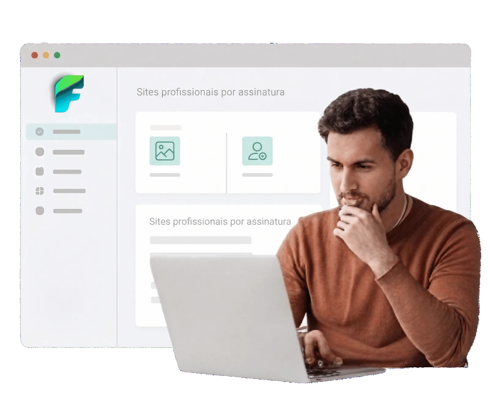 Interface FlipSite com site profissional por assinatura e pessoa usando notebook